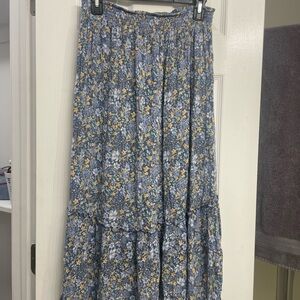 Blue Floral Tiered Maxi Skirt with Elastic Waist